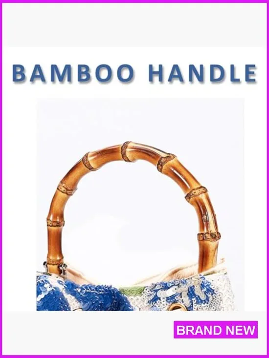 Hand Embroidered Bohemian Tote Bag with Bamboo Handle for Summer Beach - Picture 6 of 7